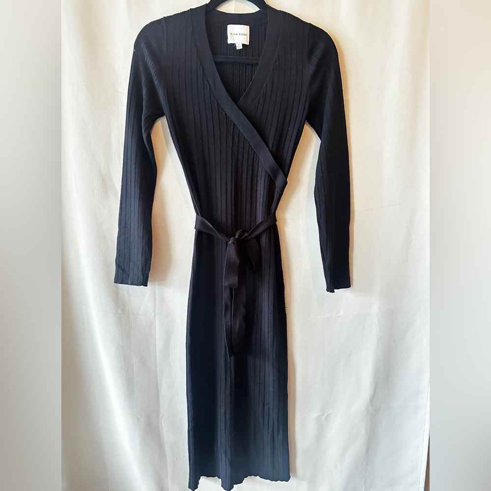 Pink Rose Black Long Sleeve Wrap Dress